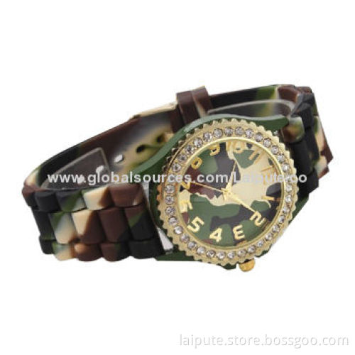 2014 Latest Design Army Geneva Crystal Rhinestone Watch, Silicone Jelly Link, Dark Green Band